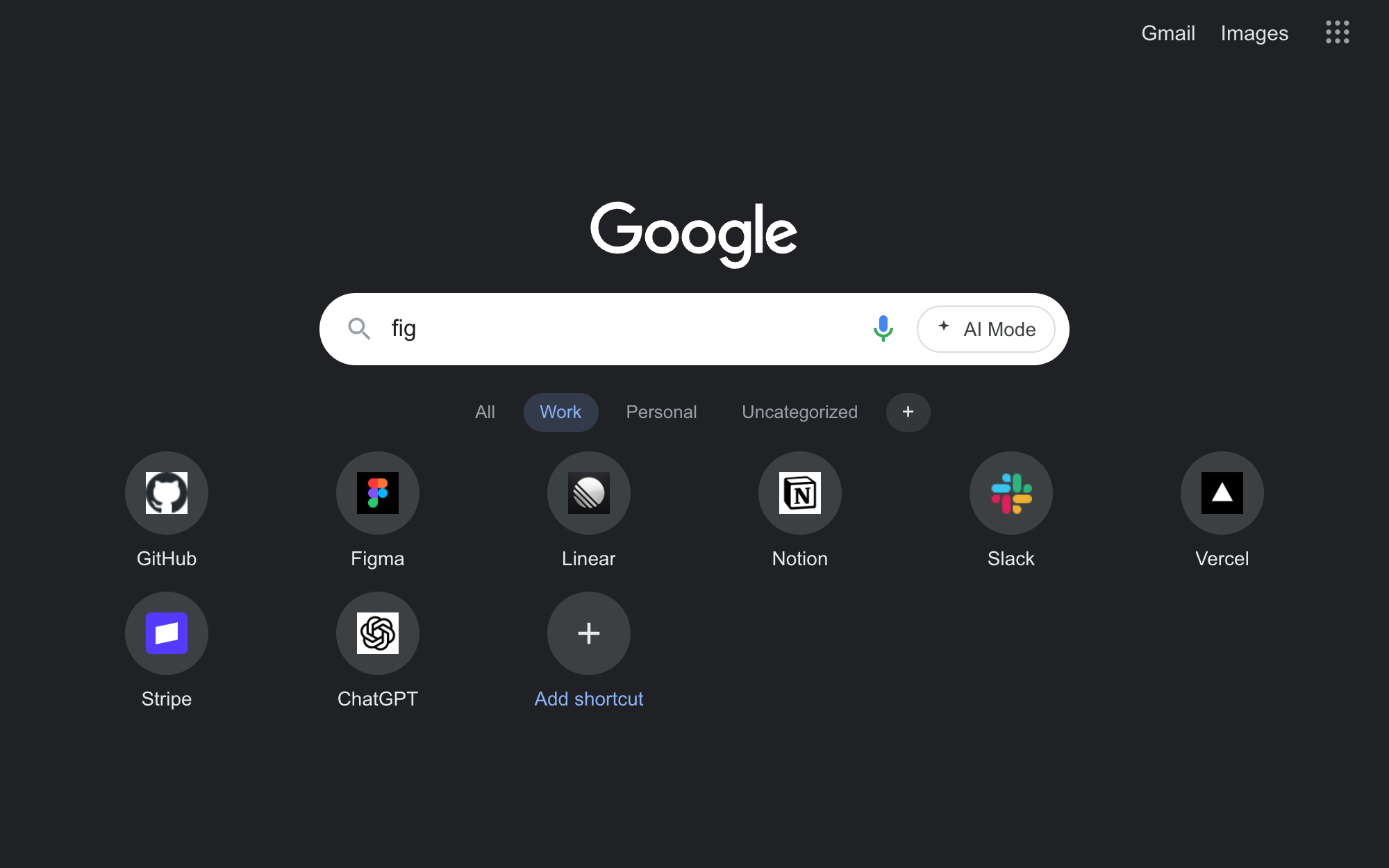 New Tab with label pills and search filtering shortcut tiles